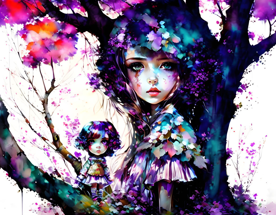 Colorful artwork: Girl and doll by vibrant tree with purple and pink foliage