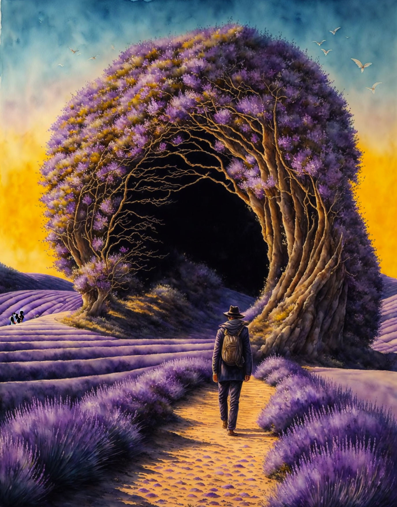 Person walking towards natural arch covered in purple flowers at sunset