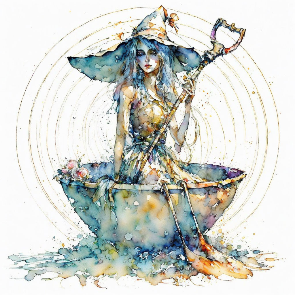 Young witch watercolor illustration with broom in cauldron