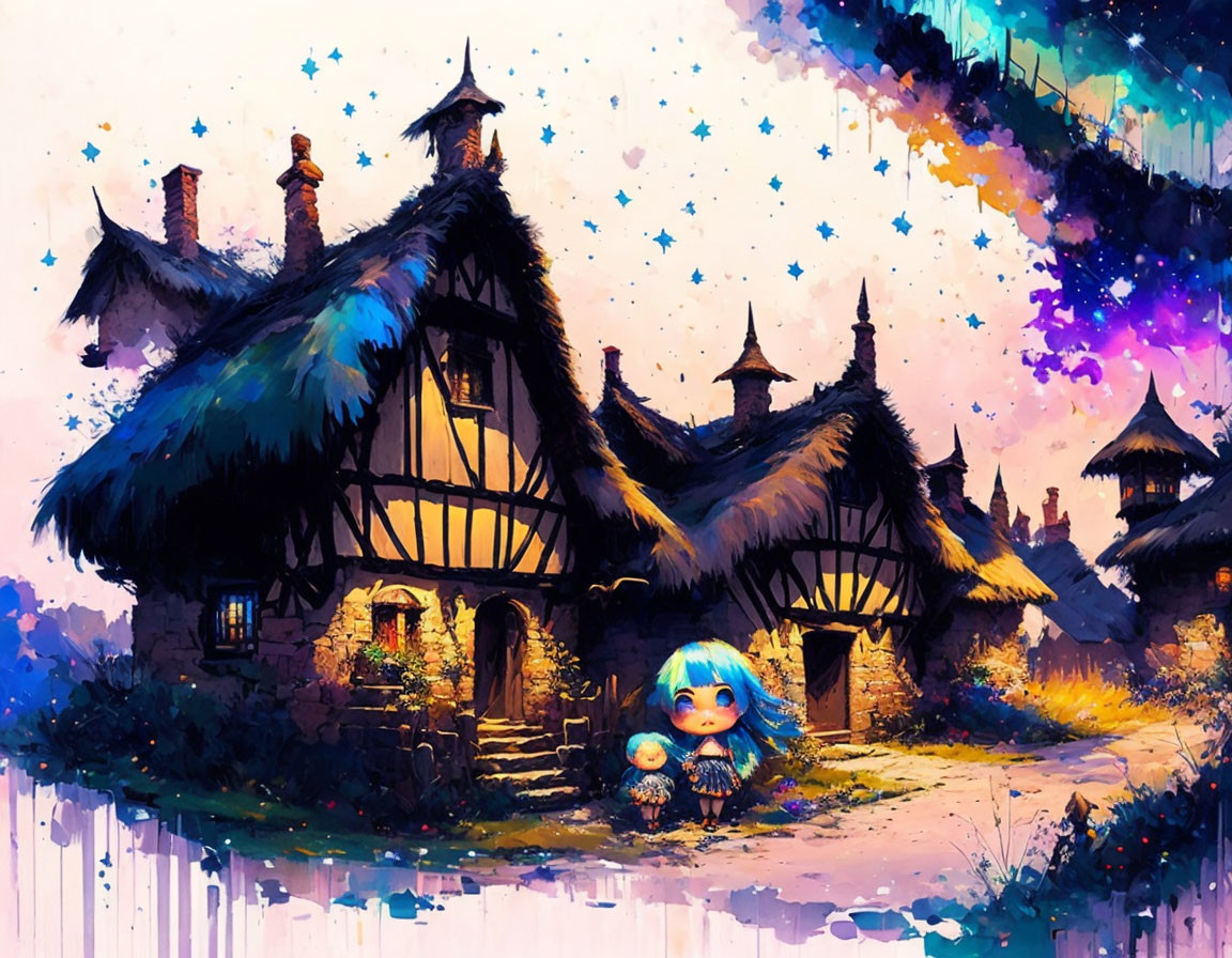 Fantasy cottage with thatched roofs and character under starry sky