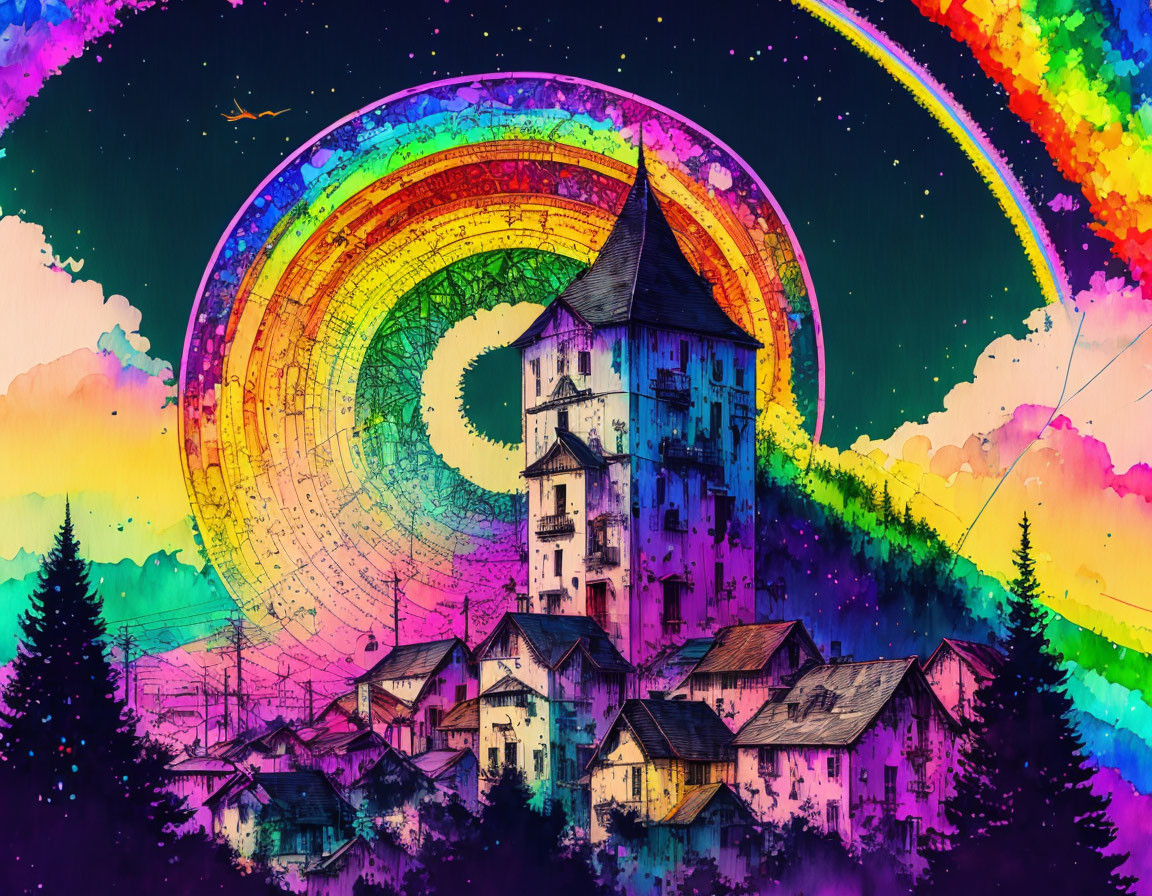 Medieval tower and houses in psychedelic starry sky