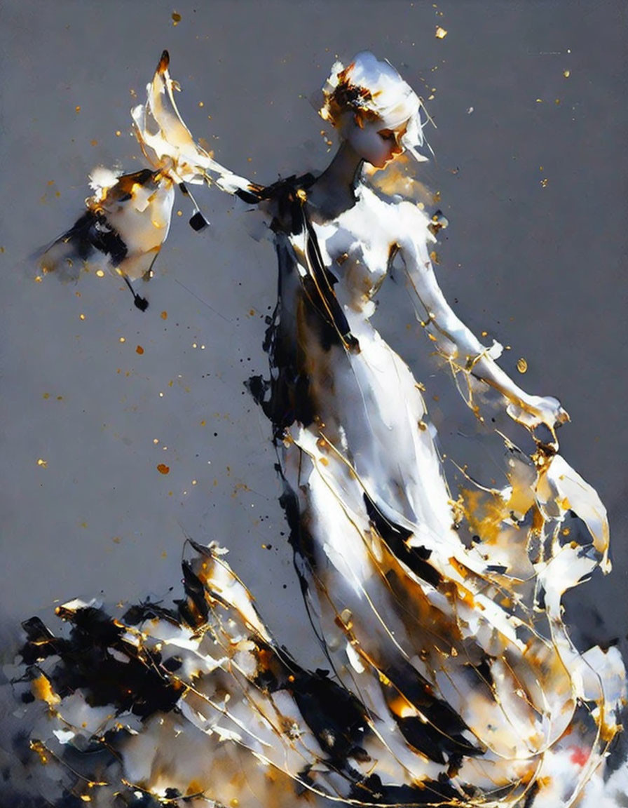 Abstract painting of woman figure in white dress with gold splatter on grey background