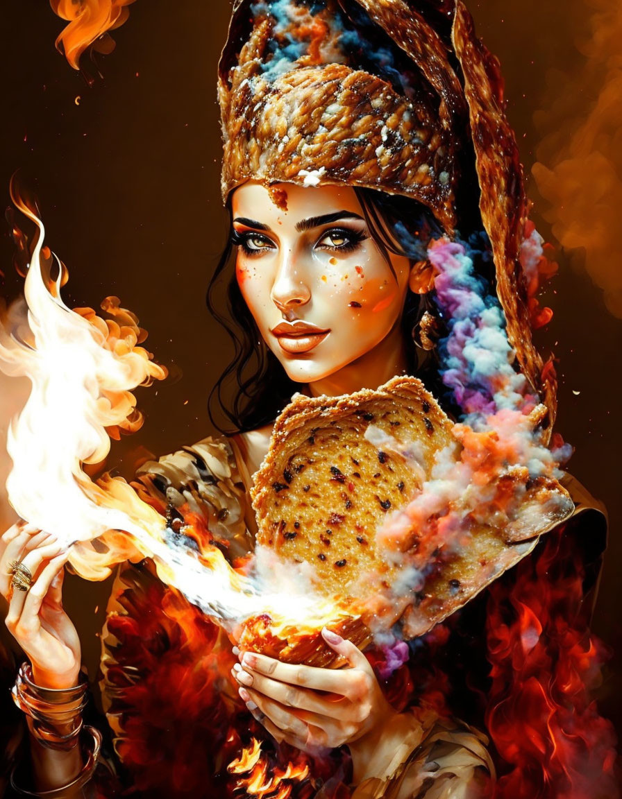 Striking-eyed woman in fiery headdress with burning flatbread