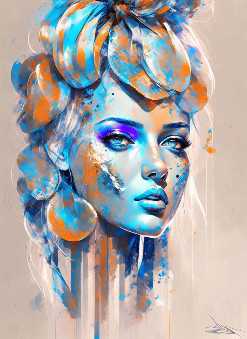 Vibrant blue-skinned woman with captivating eyes and stylized hair bow in dynamic paint illustration