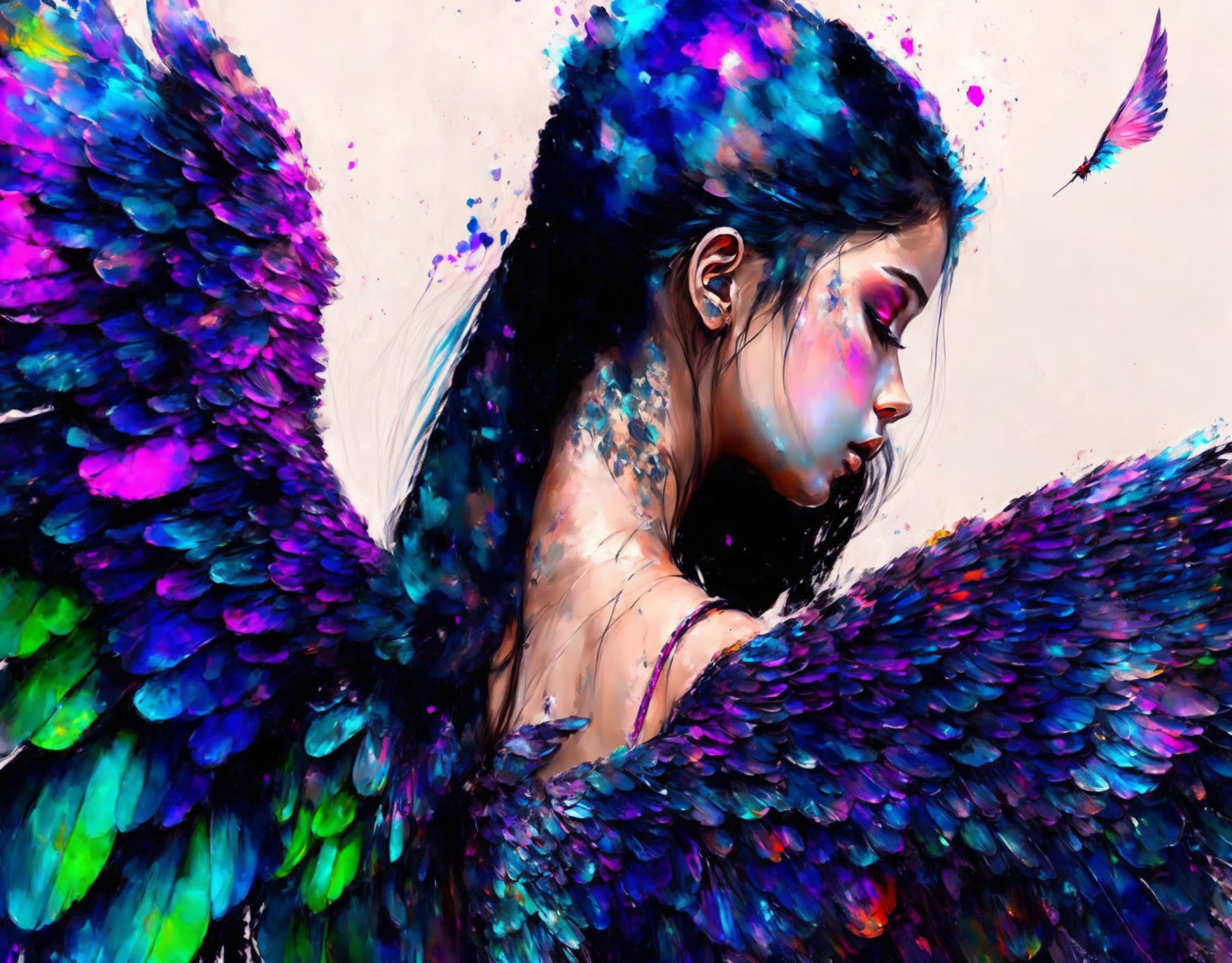 Colorful Artistic Depiction of a Person with Iridescent Wings and Paint Splashes