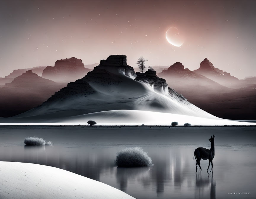 Monochrome surreal landscape with rock formations, tree, water, antelope, and crescent moon