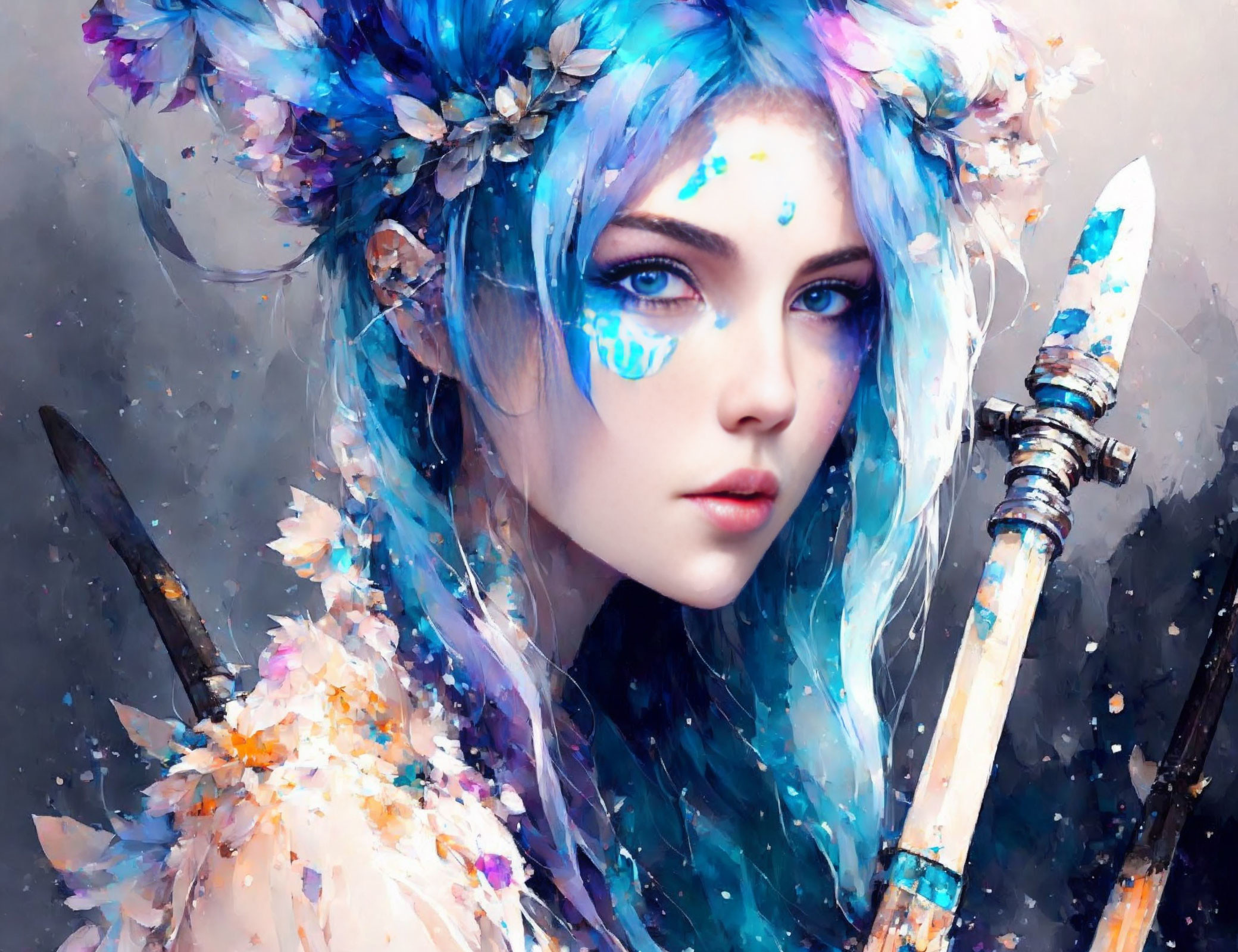 Fantasy portrait featuring person with blue hair and flowers, ethereal makeup, holding paintbrush