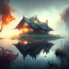 Tranquil painting of cabin on misty lake with autumn foliage reflected