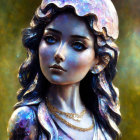 Statue of girl with blue patterns, headscarf, and necklace