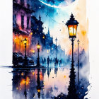 Vibrant watercolor painting: whimsical city street at night with crescent moon, silhou