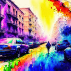 Colorful Street Scene with Solitary Figure and Psychedelic Sky