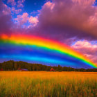 Colorful rainbow over rural landscape with wildflowers and thatched-roof houses under dramatic skies.