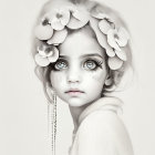 Monochromatic portrait of young girl with expressive eyes and floral headpiece