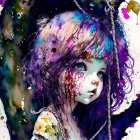 Colorful watercolor illustration: Young girl with multicolored hair and expressive eyes on whimsical backdrop