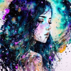 Vibrant digital artwork: woman with cosmic hair on abstract background