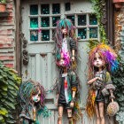 Three spooky dolls with pale faces and dark eyes next to autumn leaves, by a weathered door with