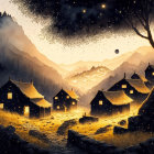 Mystical village at dusk with lanterns, castle, and starry sky