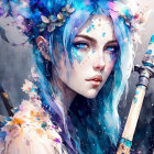 Fantasy portrait featuring person with blue hair and flowers, ethereal makeup, holding paintbrush