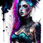 Colorful portrait of a woman with multicolored hair, dark makeup, and ornate tattoos in