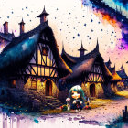 Fantasy cottage with thatched roofs and character under starry sky