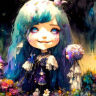 Colorful illustration of girl with blue hair among whimsical dolls and golden flowers.