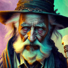 Vibrant watercolor portrait of elderly man with beard, glasses, and hat on abstract backdrop