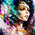 Colorful watercolor portrait of a pensive woman with vibrant splash effect hair.