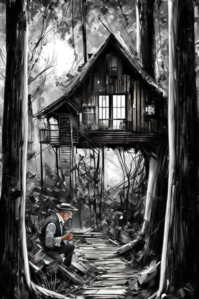 Man reading book on wooden bridge to secluded treehouse in gloomy forest