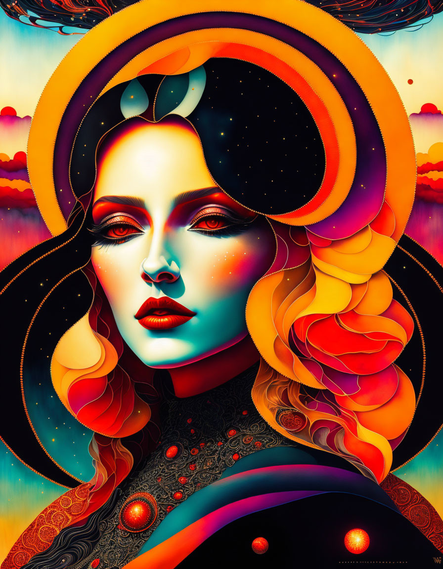 Colorful Artwork: Woman with Cosmic Features and Starry Sky Background