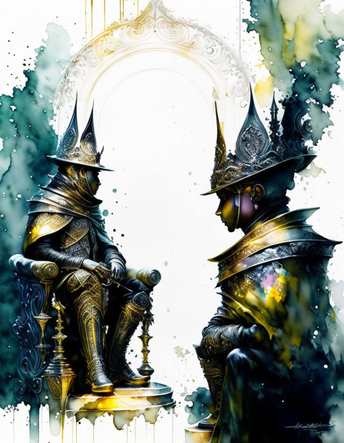 Two knights in ornate armor with sword, facing each other under a colorful backdrop and decorative arch.