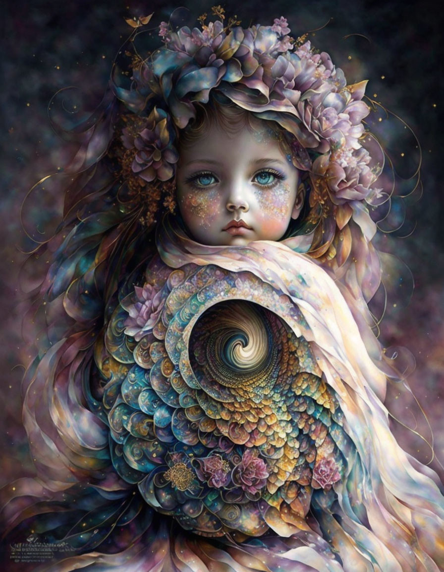 Whimsical painting of child with expressive blue eyes and floral headpiece