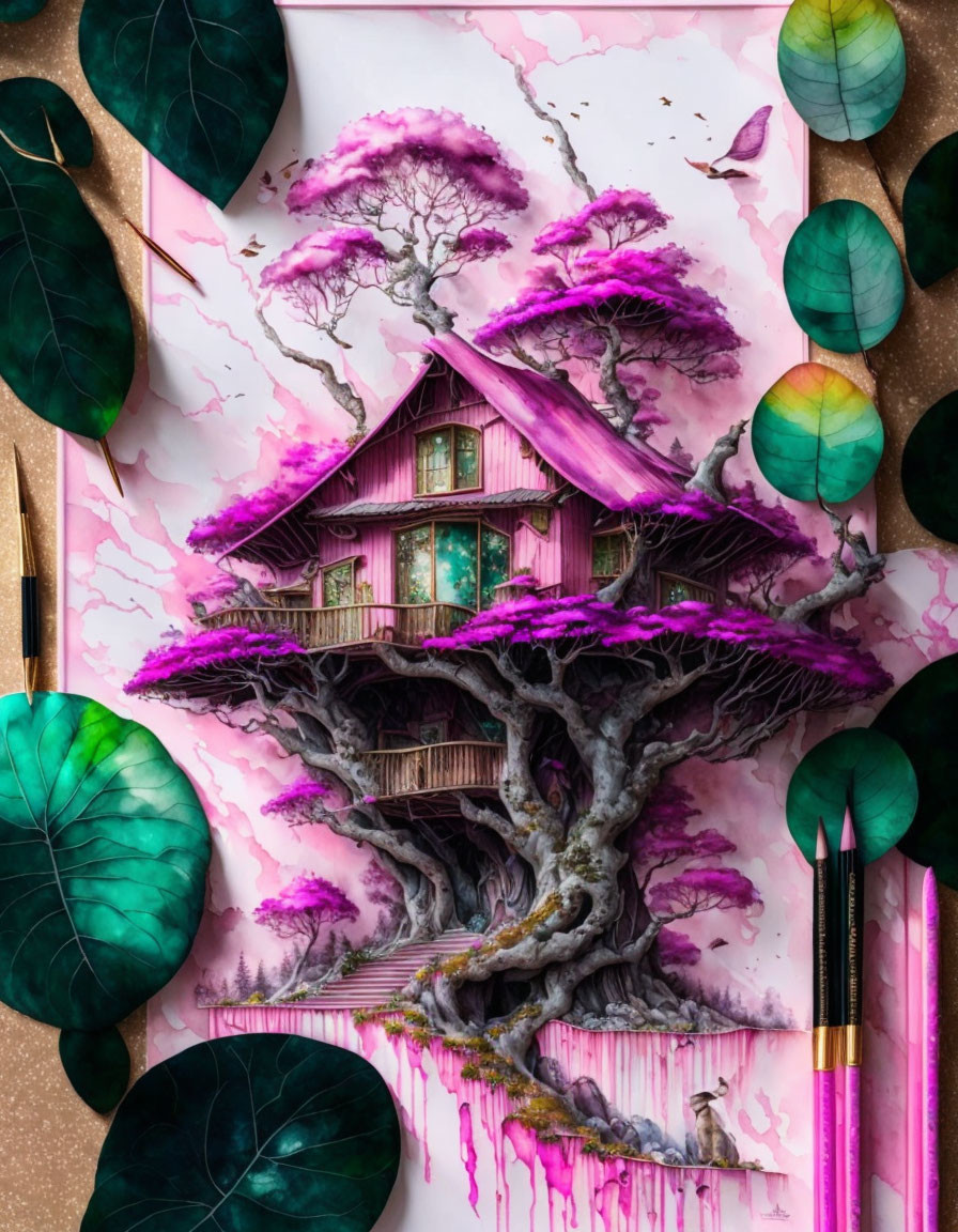 Whimsical treehouse with purple foliage and art supplies on speckled background