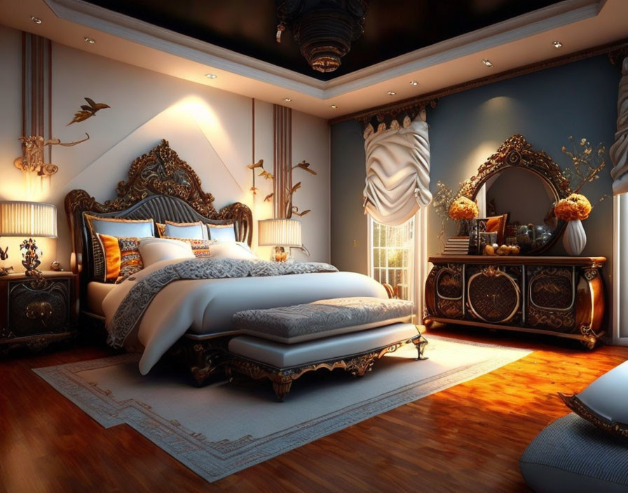 Elegant bedroom with ornate furniture, warm lighting, blue and neutral colors, large bed, decorative