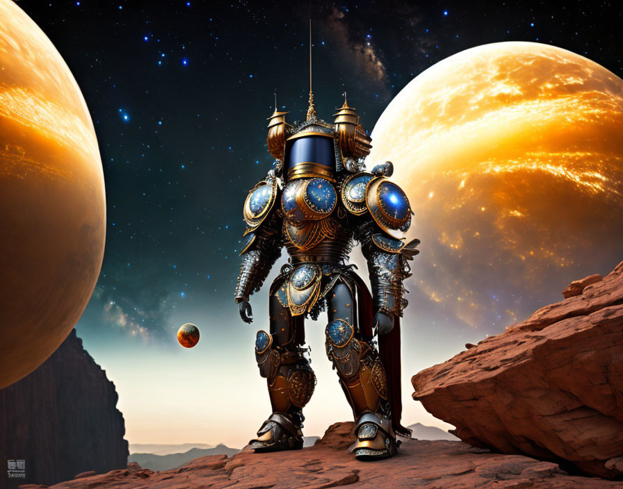 Elaborate steampunk-style robot on alien landscape with planets and starry sky