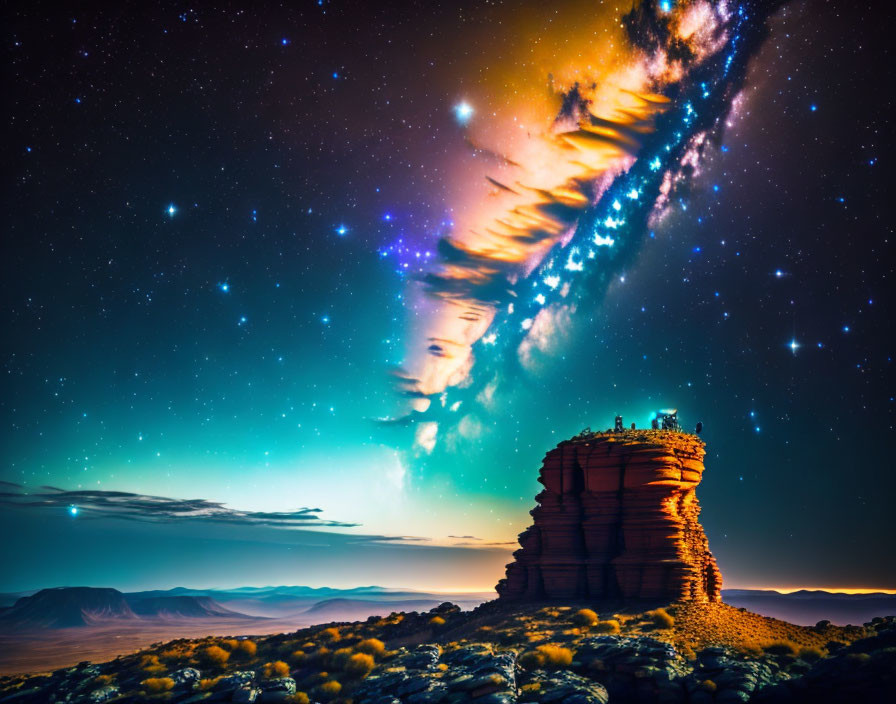 Vibrant Milky Way galaxy over desolate landscape with rock formation