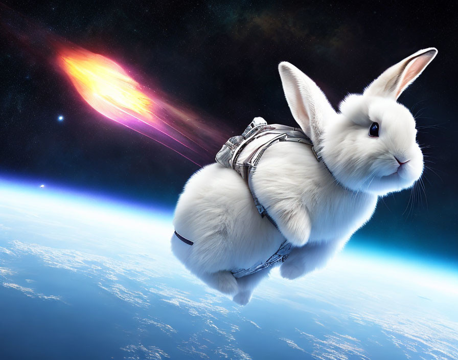 White rabbit with jetpack flying above Earth with comet in starry sky