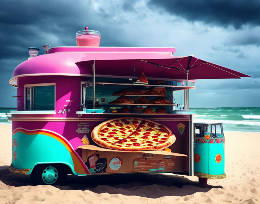 Vibrant food truck serving pizza on sandy beach with umbrella and slice visible