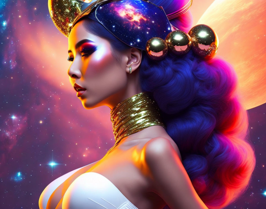 Colorful cosmic-themed makeup on woman with vibrant hair and gold accessories against starry background