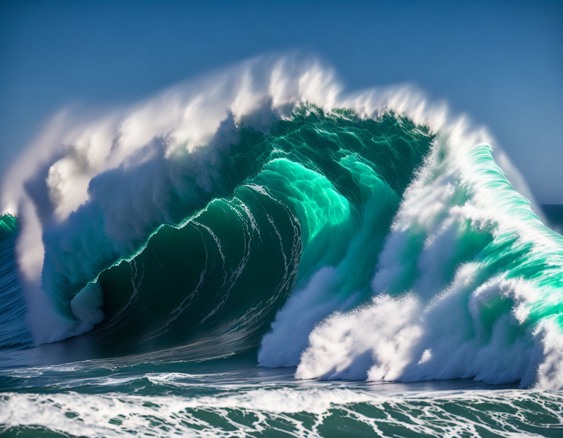 Majestic high ocean wave with frothy foam against blue sky