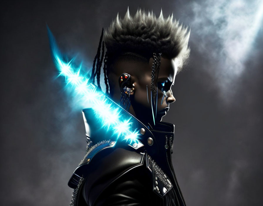 Futuristic figure with mohawk, glowing blue eyes, and cybernetic implants in black