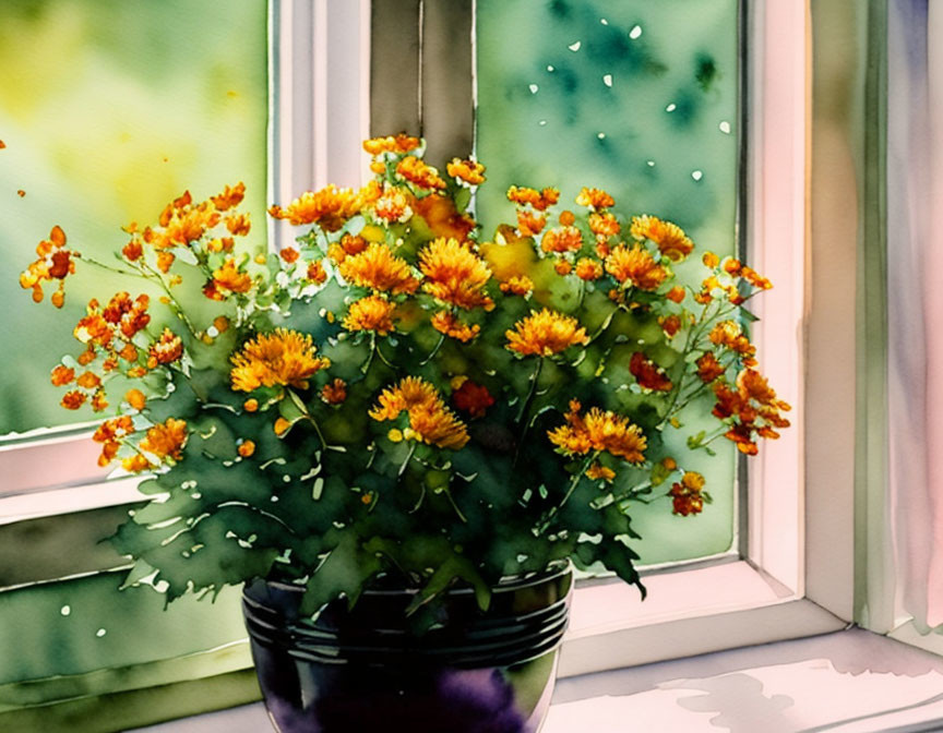 Bright orange and yellow flowers in sunlight on windowsill