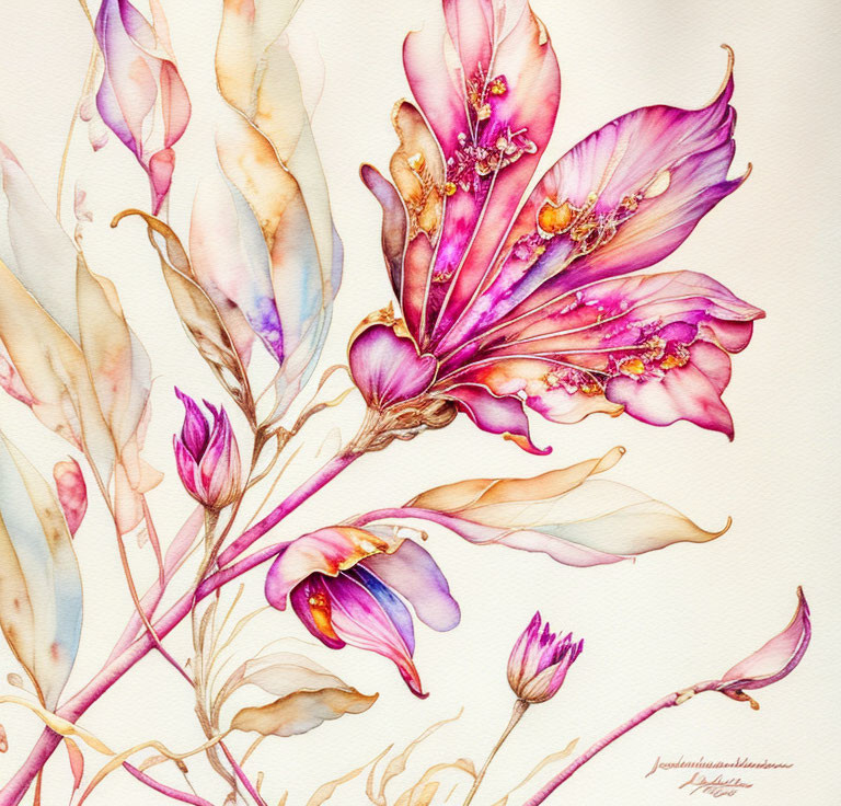 Delicate Watercolor Painting of Pink, Purple, and Brown Flowers