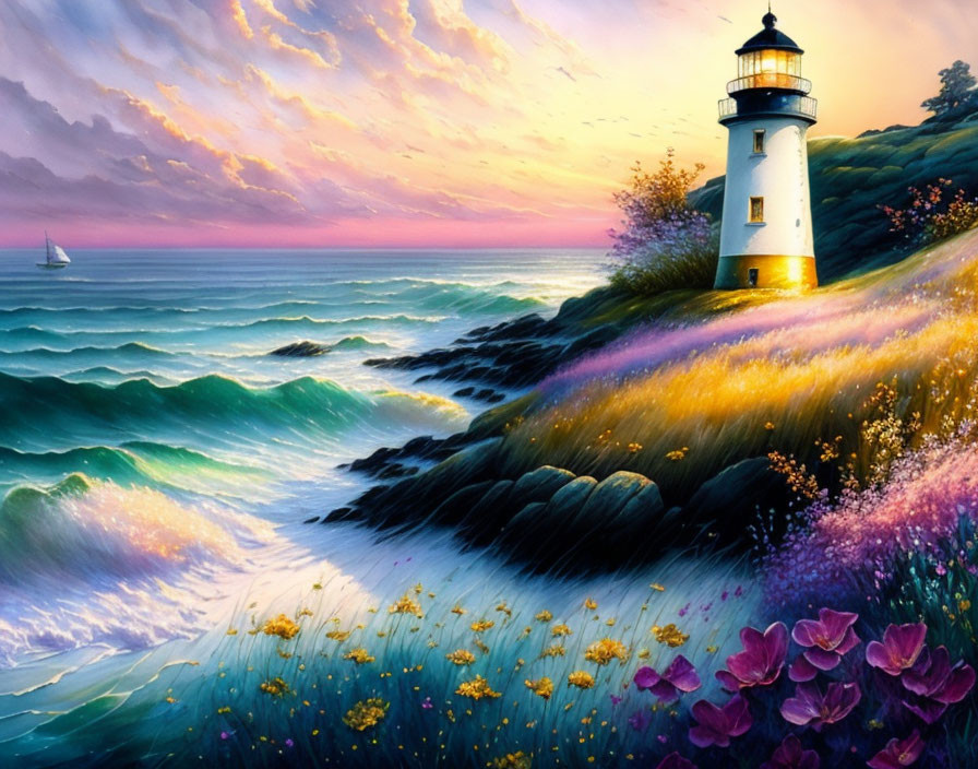 Scenic sunset seascape with lighthouse, flowers, waves, and sailboat