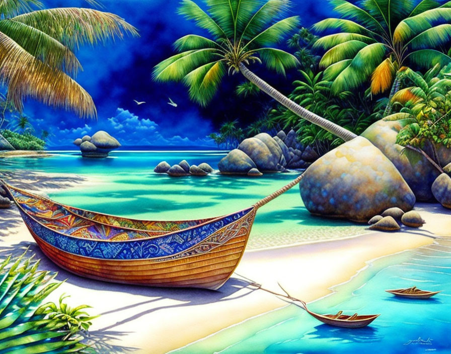 Colorful Tropical Beach Painting with Palm Trees and Canoe