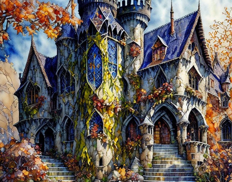 Enchanted castle painting with autumn leaves and stained-glass windows