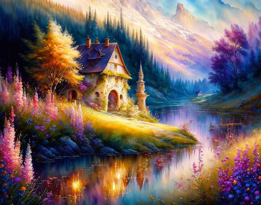 Colorful Fantasy Landscape: Cozy Cottage by River at Sunset