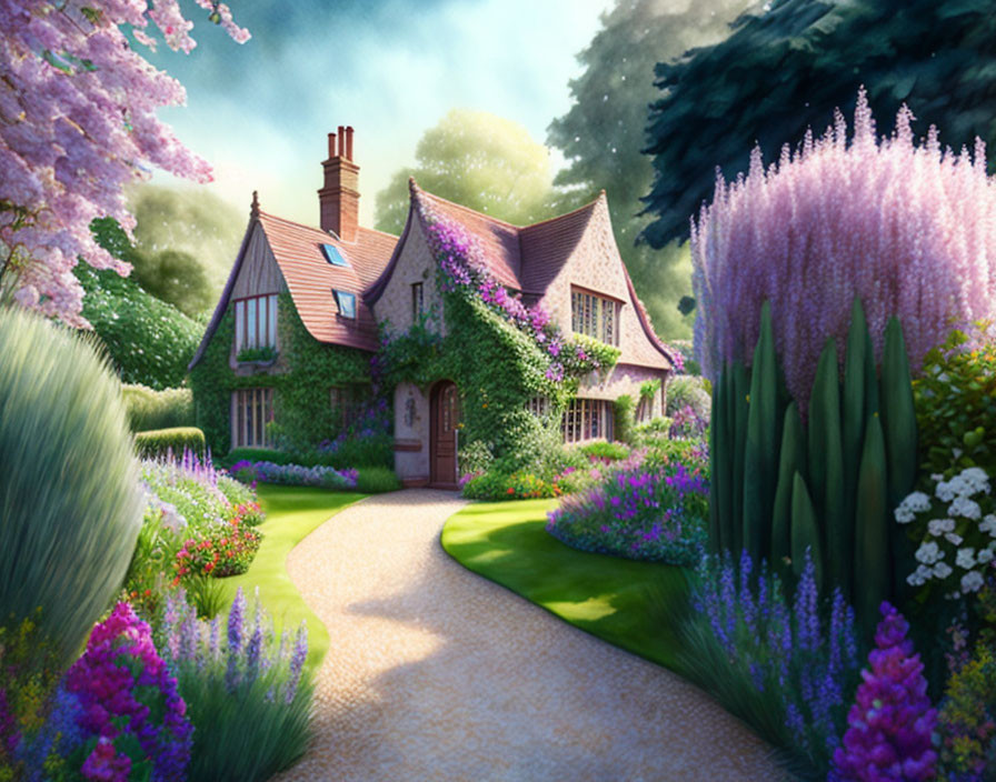 Charming cottage with garden path and blooming flowers