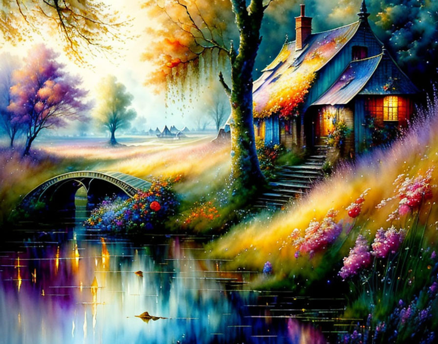 Scenic painting of cottage by river with bridge and colorful flora