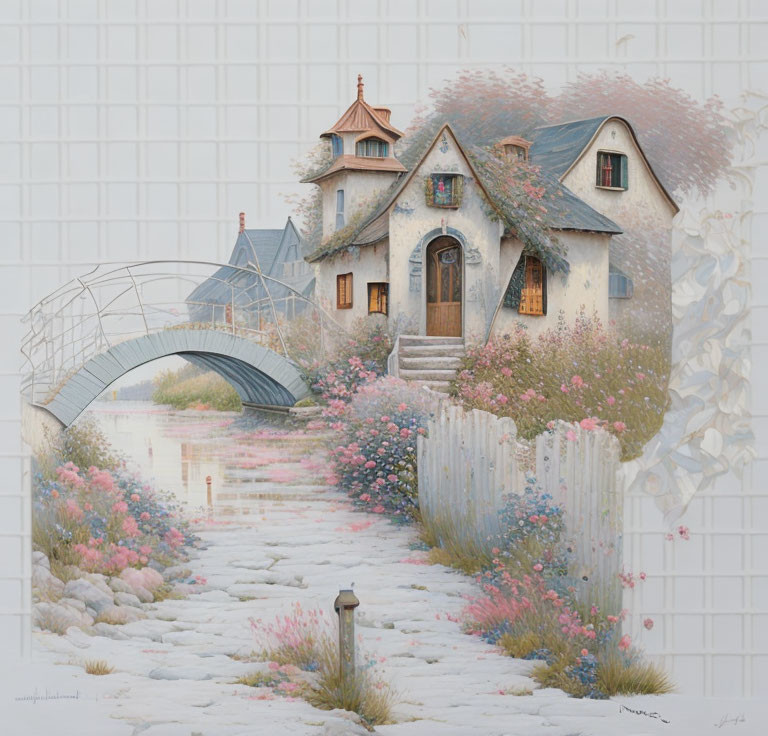 Charming painting of cozy cottage by river with stone bridge