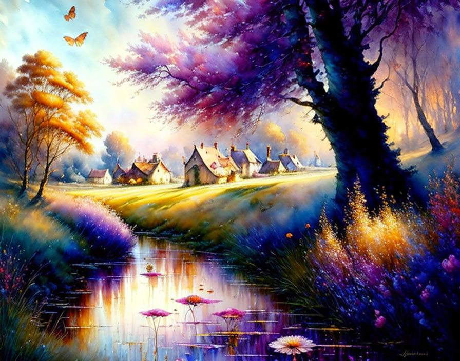 Tranquil village painting with river, flowers, purple tree, butterflies, and sunset sky